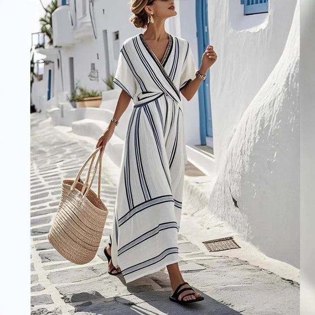 Robe longue plissée à manches courtes et col en V pour femme, idéale pour les vacances d'été