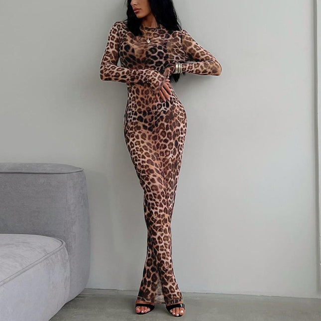 Robe longue sexy à imprimé léopard sauvage, col rond, manches longues