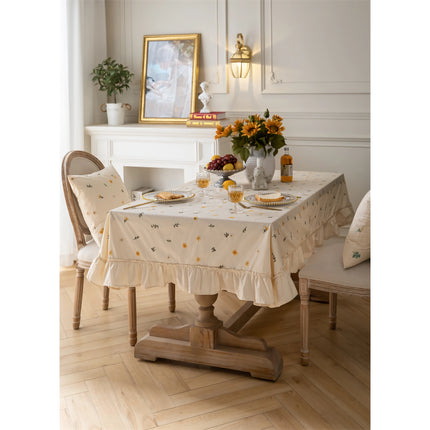 Elegant Cotton Apricot Embroidered Tablecloth with Lotus Leaf Edge