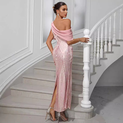 European And American Style Dress One-shoulder Chiffon Stitching Sequined Dress