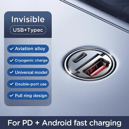 Chargeur de voiture à double port 30 W – Adaptateur mini USB Type-C à charge rapide avec anneau de traction