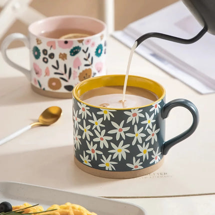 Tasse en céramique à fleurs peintes nordiques – Tasse à café, à thé et à petit-déjeuner de 400 ml