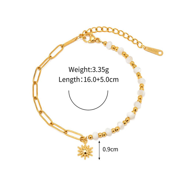 Bracelet en perles avec pendentif soleil en acier inoxydable chic pour femme