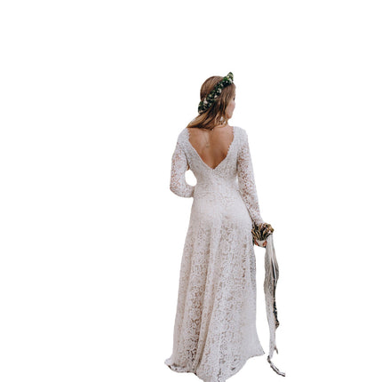 White Deep V-neck Long Sleeve Lace See-through Tight Trailing Long Dress