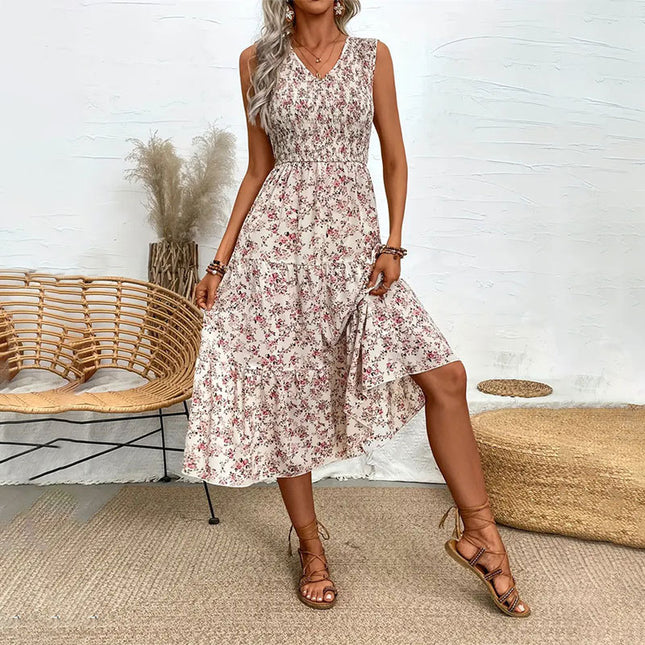 Floral Flounce Slim Sleeveless Long Dress