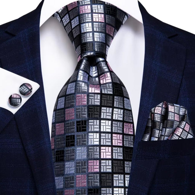 Elegant Grey Plaid Silk Tie Set with Cufflinks and Pocket Square