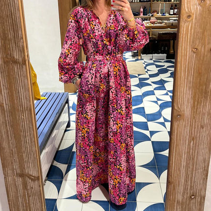 Vestido bohemio de manga larga con estampado europeo y americano de largo medio