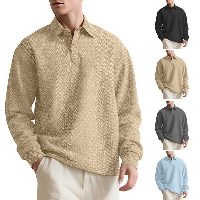 Camisa polo de manga larga para hombre, de color liso, con textura jacquard y cuello holgado.