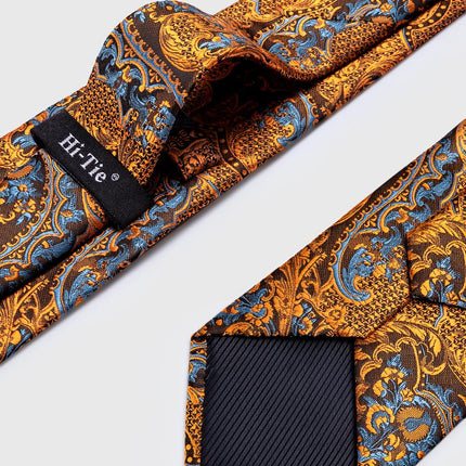 Conjunto de corbata de seda de lujo con estampado floral negro y dorado, pañuelo de bolsillo y gemelos