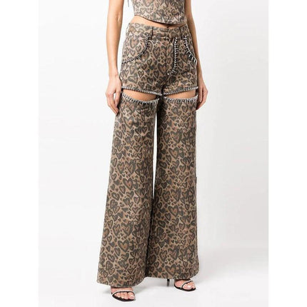 High Waist Patchwork Leopard Denim Trousers