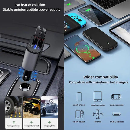 Cargador retráctil para automóvil 4 en 1 de alta velocidad con dos cables USB, tipo C y Lightning