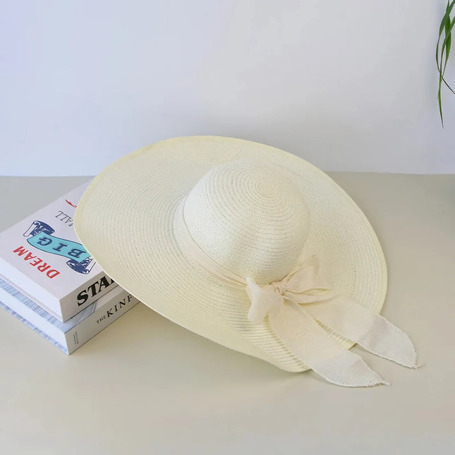 Straw Hat with Wide Brim & Bowknot