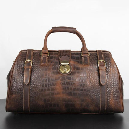 Vintage Crocodile Pattern Genuine Leather Travel Duffle Bag with Lock and Key