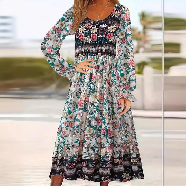 Robe imprimée col rond pull manches longues tempérament commute