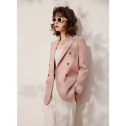 Blazer cruzado rosa primaveral para mujer: chaqueta de traje de oficina elegante