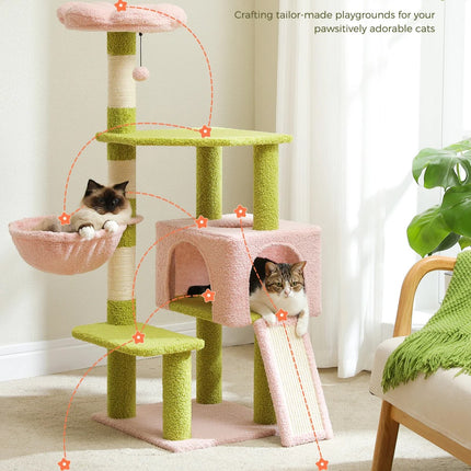 Árbol para gatos con flores de 47 pulgadas, torre de varios niveles con postes rascadores de sisal y cómoda percha para gatos de interior