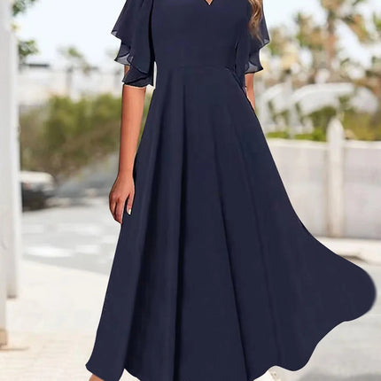 Vestido elegante liso con escote en V y puños con volantes para mujer