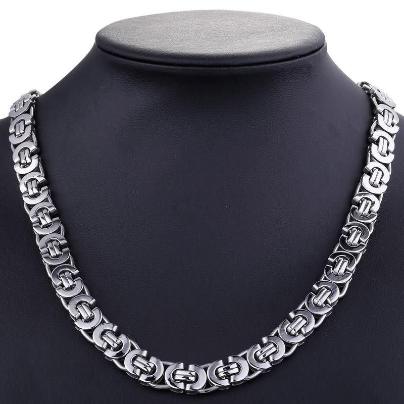 11mm Stainless Steel Flat Byzantine Link Chain Necklace
