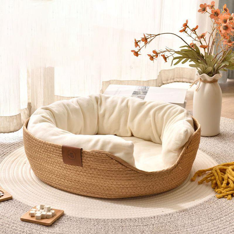 Woven Bamboo Pet Bed with Removable Cushion