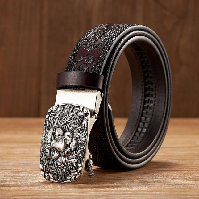 Cinturón de piel auténtica para hombre de 3,5 cm con estampado de león y hebilla automática