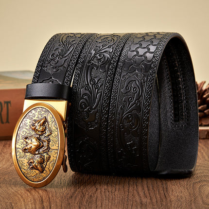 Cinturón de piel retro de 3,5 cm para hombre con hebilla automática de lobo