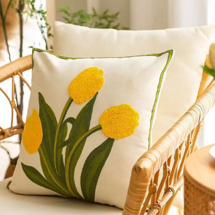 Housse de coussin brodée de fleurs de tulipe et d'orchidée