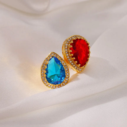 Anillos de lujo con forma de gota de agua y circonitas para mujer: banda de acero inoxidable con circonitas cúbicas rojas y azules