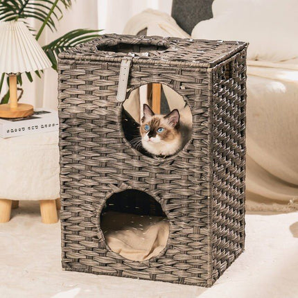 Wicker Cat Bed with Rattan Condos & Cushion - Wnkrs