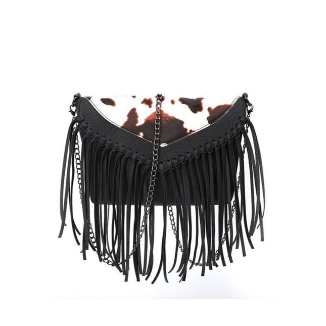 Bolso bandolera con estampado animal bohemio y borlas de flecos