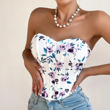 Top sin tirantes con corsé y estampado floral