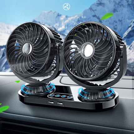 Ventilador de coche de doble cabezal de 360° con puertos USB y control táctil