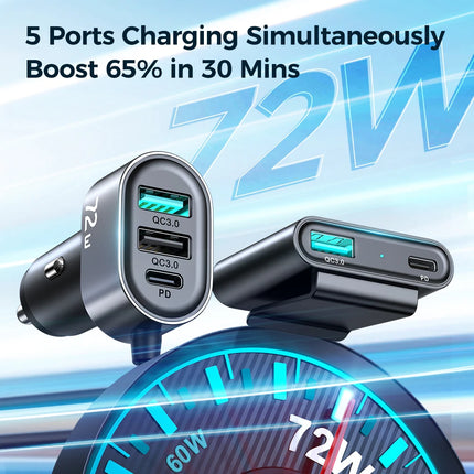 Chargeur de voiture 78 W à 5 ports avec LED et adaptateur USB C à charge rapide pour voitures