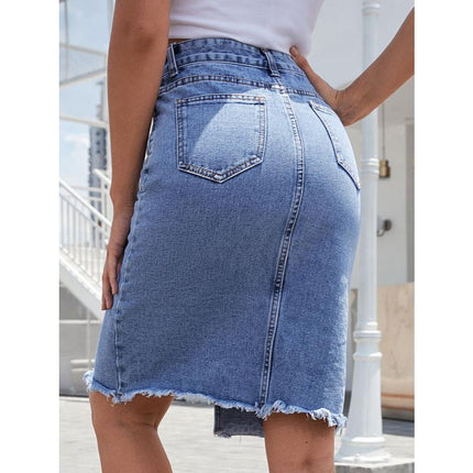 Jupe mi-longue fendue taille haute en jean pour femme