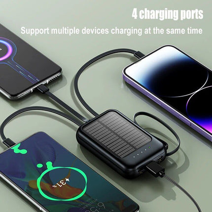 Solar Power Bank 20000mAh with LED Lights & Built-in Cables - Wnkrs