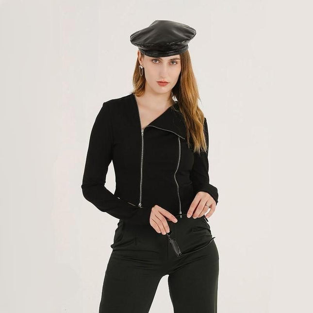 Cardigan noir asymétrique à fermeture éclair pour femme