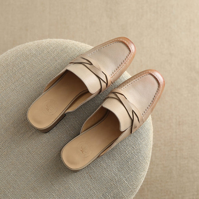 Casual Low Heel Leather Mules