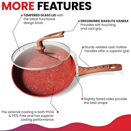 10 Inch Frying Pan With Special Lid - Deluxe Copper Granite Stone Coating - PFOA PFOS PTFE Free - Premium Nonstick Scratch Proof Coating - Comes With Special Lid, Red - Wnkrs