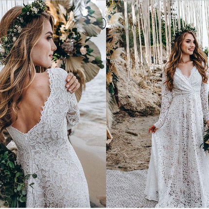 White Deep V-neck Long Sleeve Lace See-through Tight Trailing Long Dress