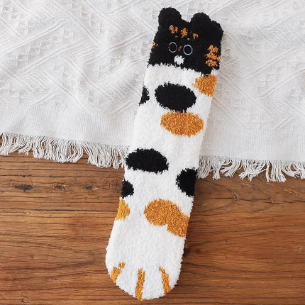 Calcetines cálidos de forro polar con bonitos dibujos de gatitos para interiores: diseño de garra de gato kawaii