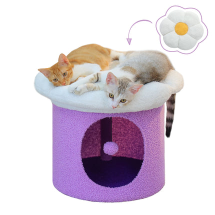 Acogedora casa para gatos con forma de flor y bola de pompón: condominio para gatos de dos pisos