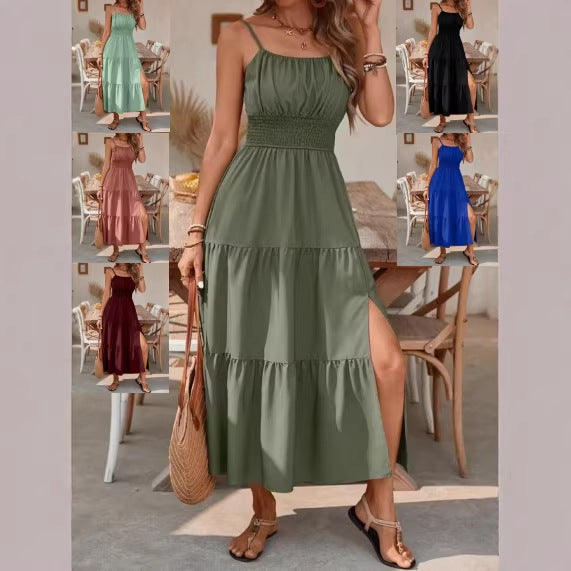 Robe bustier à volants et taille cintrée, unie, coupe ajustée