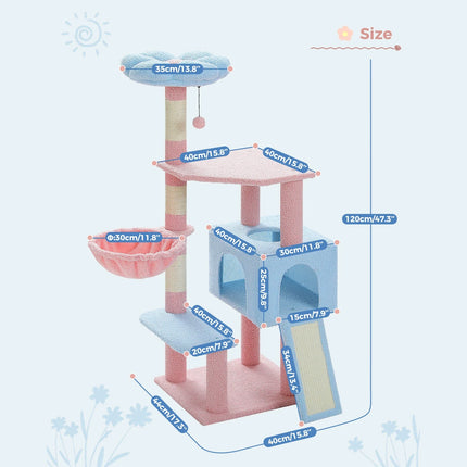 Árbol para gatos con flores de 47 pulgadas, torre de varios niveles con postes rascadores de sisal y cómoda percha para gatos de interior