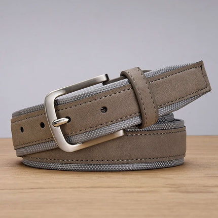 Ceinture en cuir suédé pour homme avec sangle en tissu Oxford – Boucle ardillon de luxe en cuir véritable