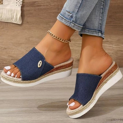 Sandalias de cuña de lona vaquera para mujer, zapatos de tacón alto de cáñamo a la moda para verano, con suela gruesa y boca de pescado para exteriores