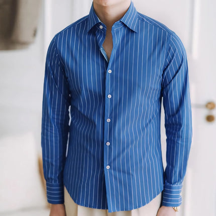 Camisa de negocios informal de rayas azules versátil que no necesita planchado