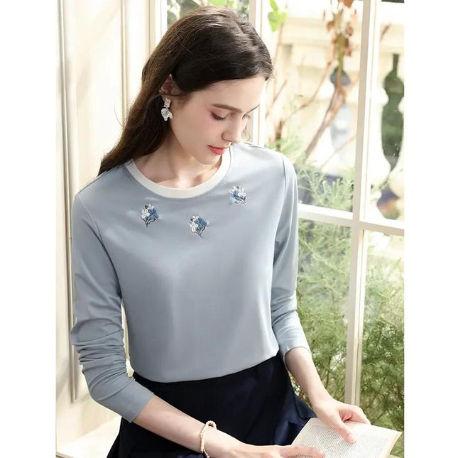 T-shirt slim à manches longues brodé pour femme