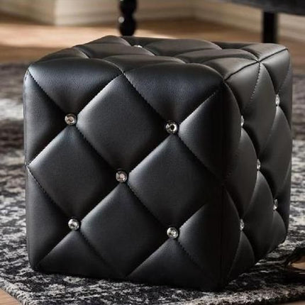 Contemporary Black Faux Leather Ottoman with Faux Crystal Tufting - Wnkrs