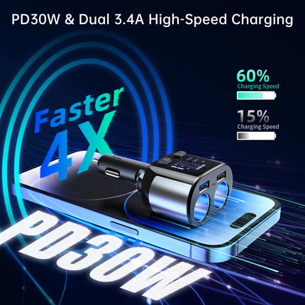 Chargeur rapide de voiture 66 W avec double adaptateur USB PD et affichage numérique