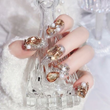 Faux ongles de luxe en cristal pailleté avec décor en strass doré