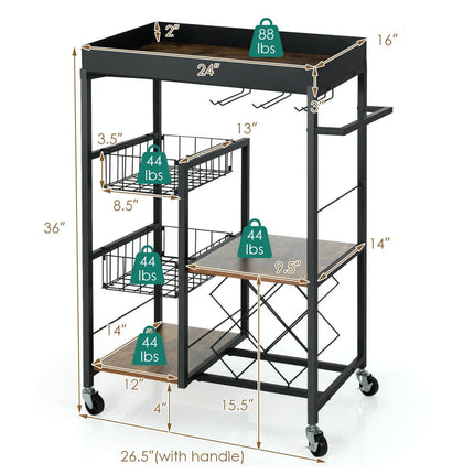 4-Tier Rolling Kitchen Bar Cart with Wine Rack and Removable Tray - Wnkrs